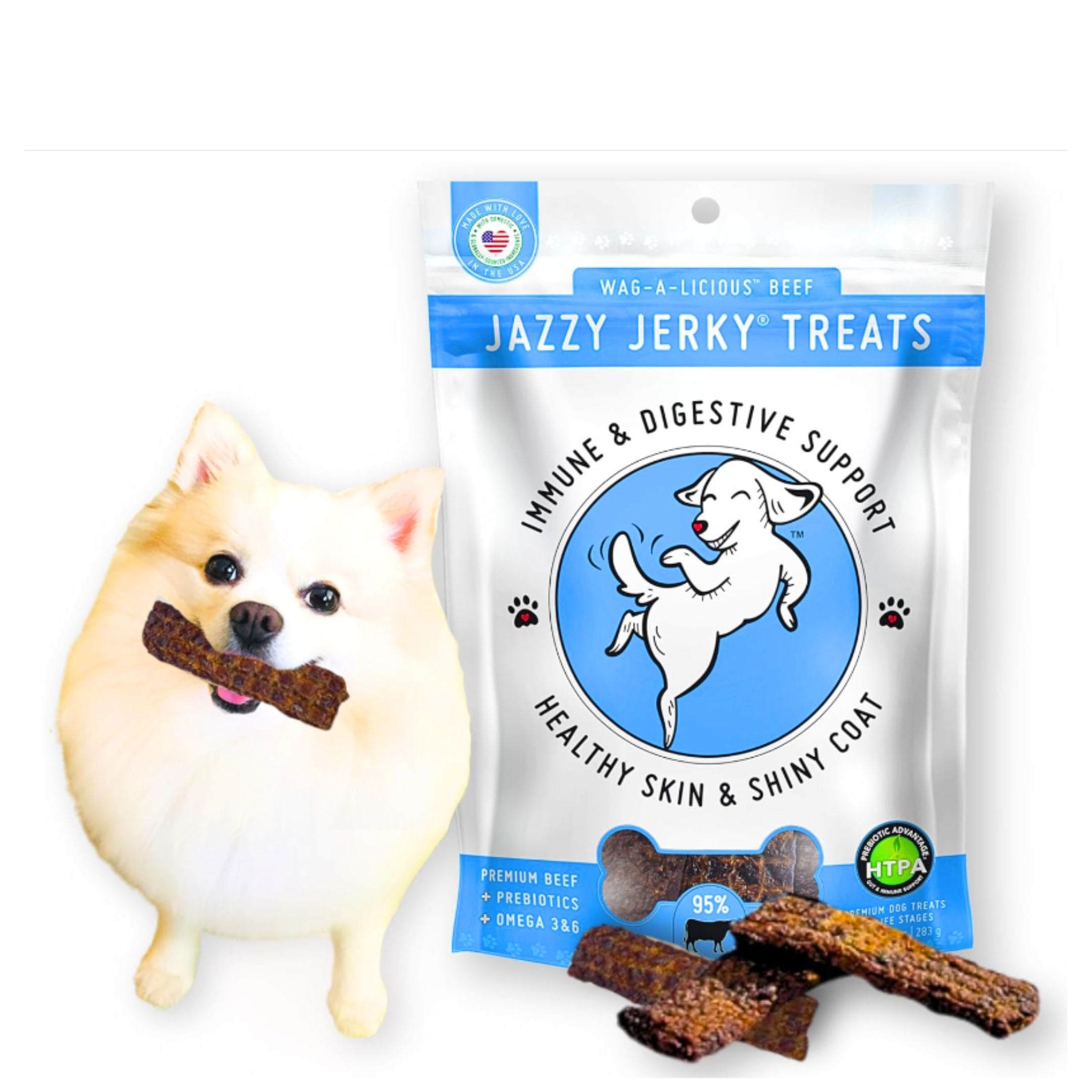 happytails canine wellness, beef jerky for dogs,  Jazzy-Jerky-dog-treats-wag-a-licious-premium-beef-front-snacks-treats-toppers-made-in-usa-natural-ingredients-prebiotics-immune-digestive-support-10oz-new