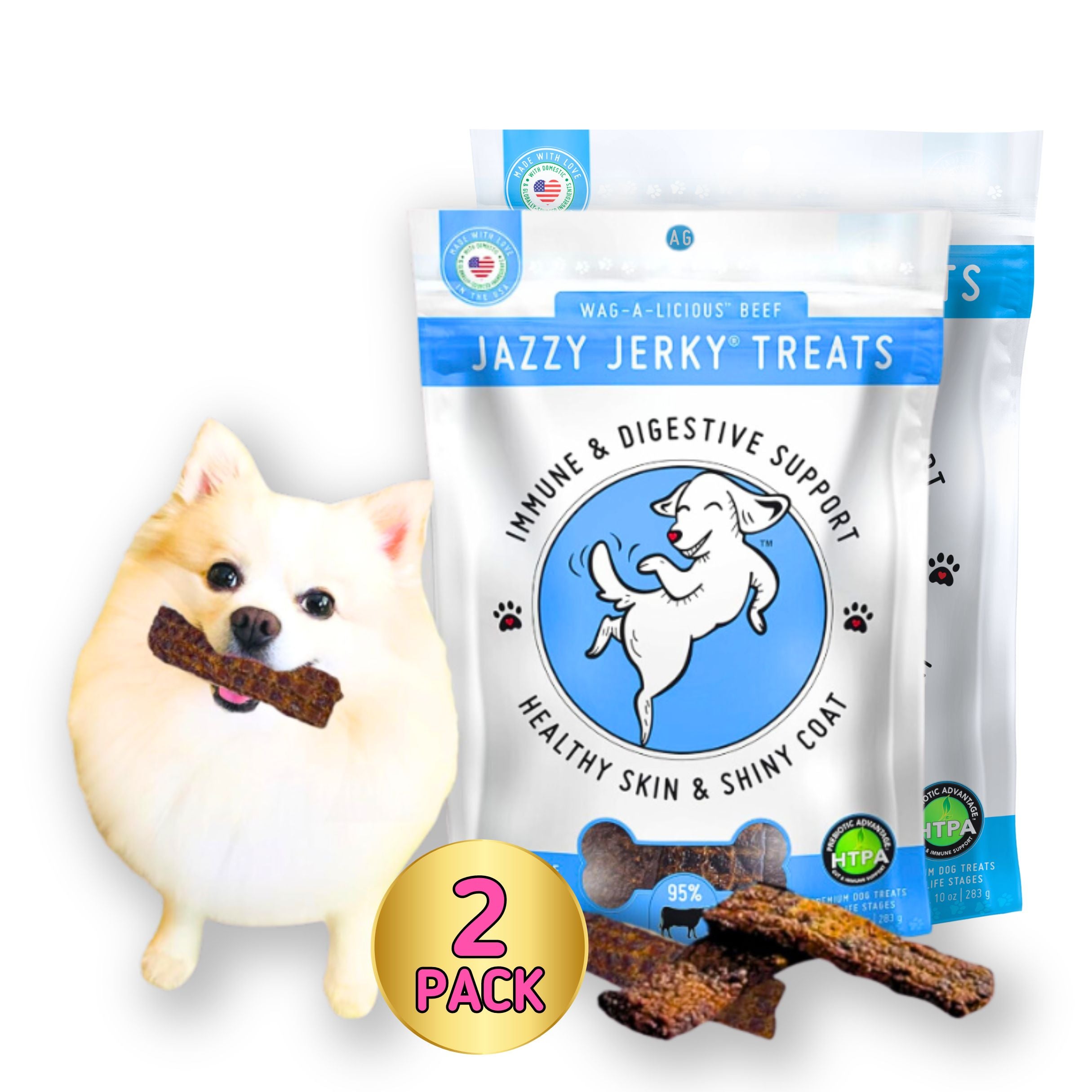 Jazzy Jerky® Treats, Wag-A-Licious Beef: 95% Beef, Prebiotics, Omega 3s & 6s