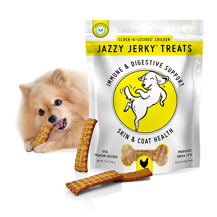 HappyTails Canine Wellness jazzy jerky cluck-a-licious chicken dog jerky treats 95 percent natural premium chicken health benefits prebiotics for immune digestive support, omega 3 & 6 for skin coat health front bag