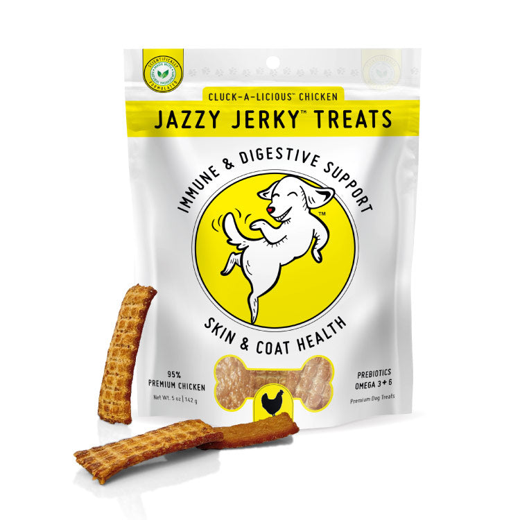 Jazzy Jerky® Treats Cluck-A-Licious Chicken: 95% Chicken, Prebiotics, Omega 3s & 6s