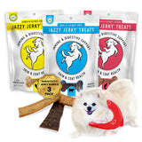 Load image into Gallery viewer, HappyTails Bundle of PAWsitivity Jazzy Jerky Variety Pack wag-a-licious beef, cluck-a-licious chicken, splash-a-licious salmon immune &amp; digestive support skin &amp; coat health