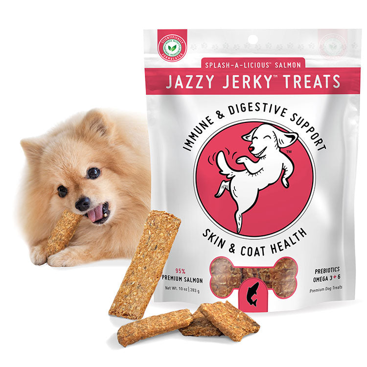 HappyTails Canine Wellness splash-a-licious premium salmon jazzy jerky made in usa natural ingredients immune digestive support skin & coat health prebiotics omega 3 & 6 front bag