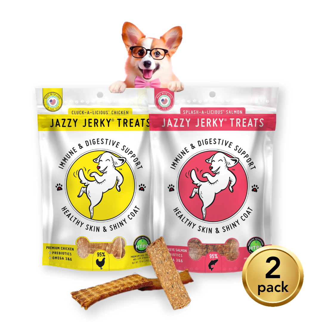 HappyTails Canine Wellness jazzy jerky meat lover premium beef chicken 2 Pack made in usa natural ingredients immune digestive support skin & coat health prebiotics omega 3 & 6 front
