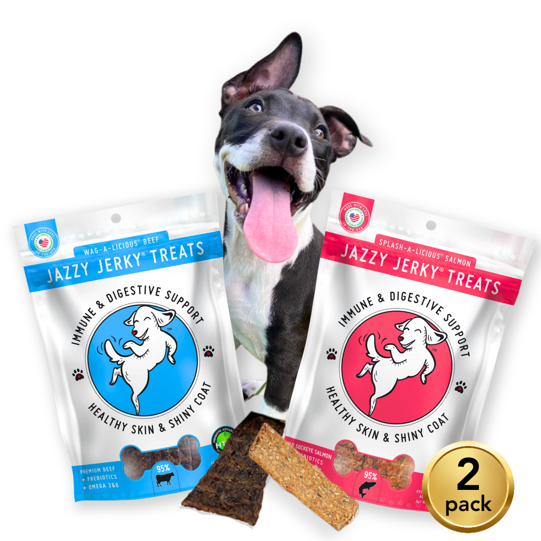 HappyTails Canine Wellness jazzy jerky meat lover premium beef chicken 2 Pack made in usa natural ingredients immune digestive support skin & coat health prebiotics omega 3 & 6 front
