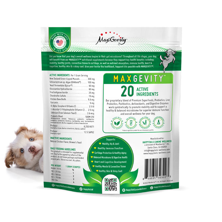 HappyTails, Canine Wellness, maxgevity, mobility, nutritional supplements for dogs, natural ingredients, hip and joint, immune support, gut health, digestive support, live probiotics, prebiotics, and postbiotics, antioxidants, made in usa, back package,