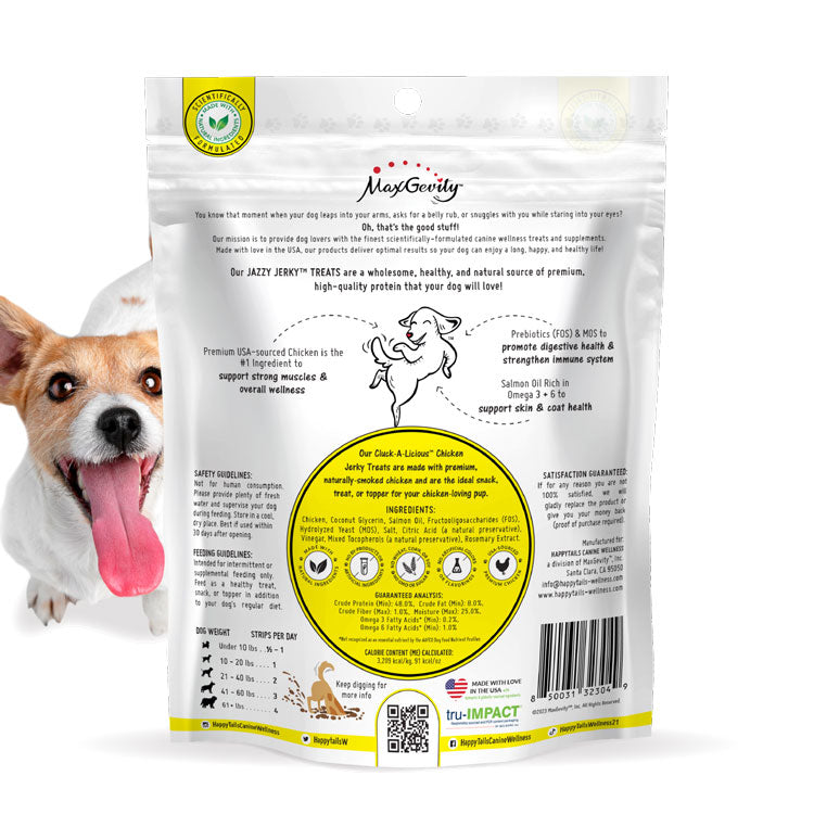 HappyTails Canine Wellness jazzy jerky treats cluck-a-licious chicken jerky for dogs made in usa natural ingredients prebiotics immune digestive support omegas skin and coat health back panel