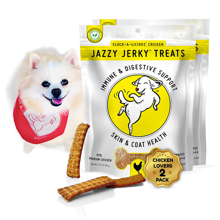 Jazzy Jerky® Treats Cluck-A-Licious Chicken: 95% Chicken, Prebiotics, Omega 3s & 6s