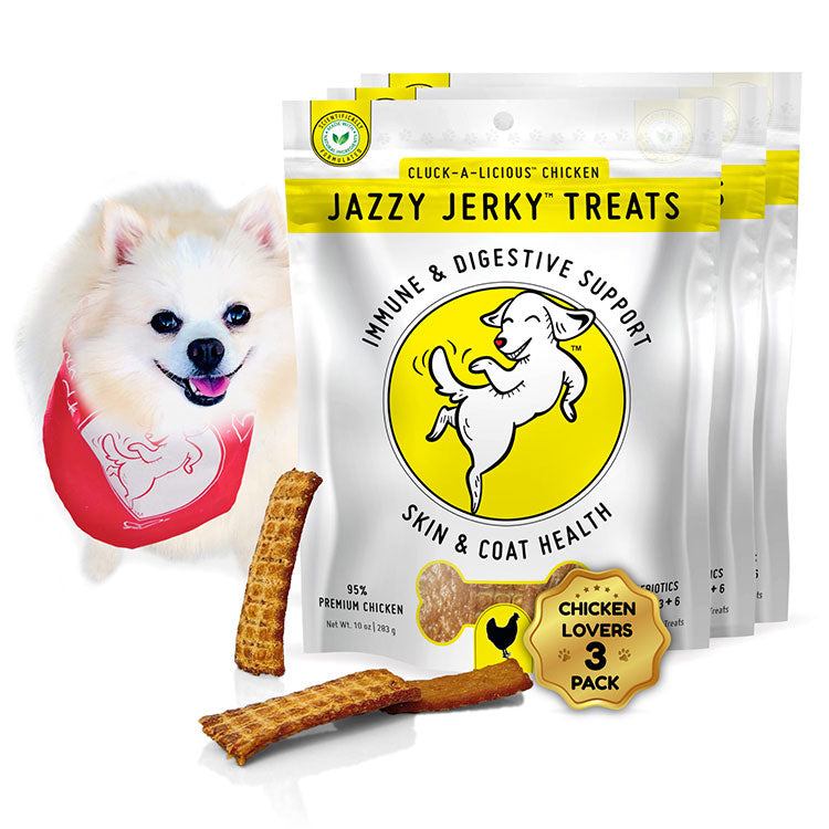 Jazzy Jerky® Treats Cluck-A-Licious Chicken: 95% Chicken, Prebiotics, Omega 3s & 6s