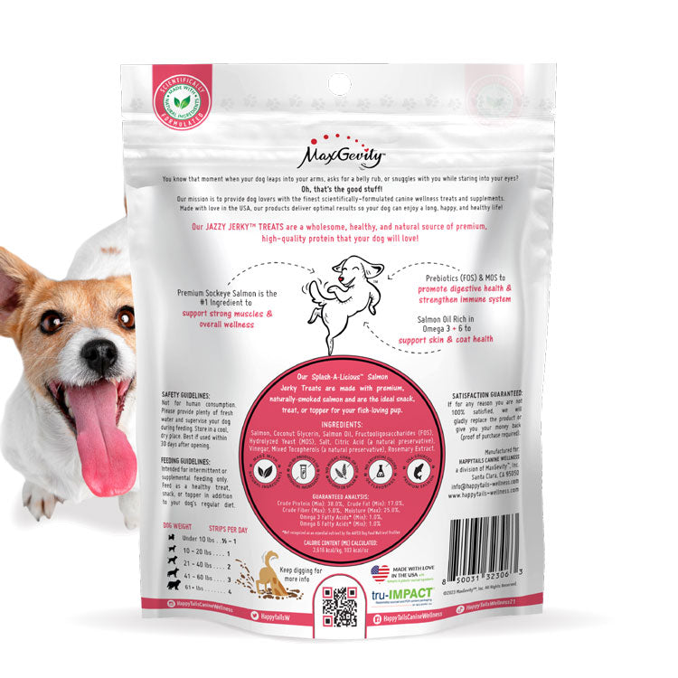 HappyTails Canine Wellness splash-a-licious salmon jerky jazzy jerky treats 95 percent premium salmon snacks treats toppers made in usa natural ingredients prebiotics immune digestive support skin and coat health back of bag