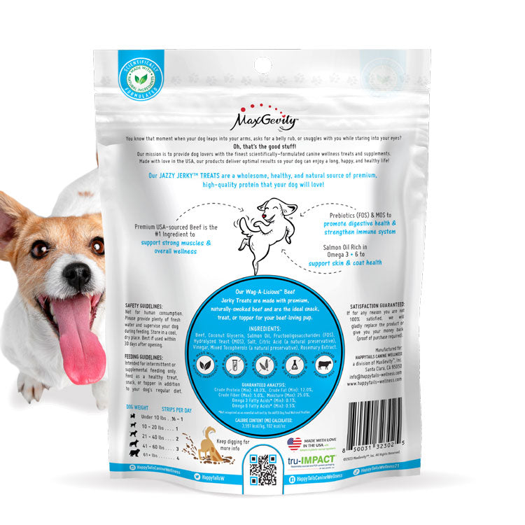 HappyTails Canine Wellness wag-a-licious beef jerky jazzy jerky treats 95 percent premium beef snacks treats toppers made in usa natural ingredients prebiotics immune digestive support skin and coat health back of bag