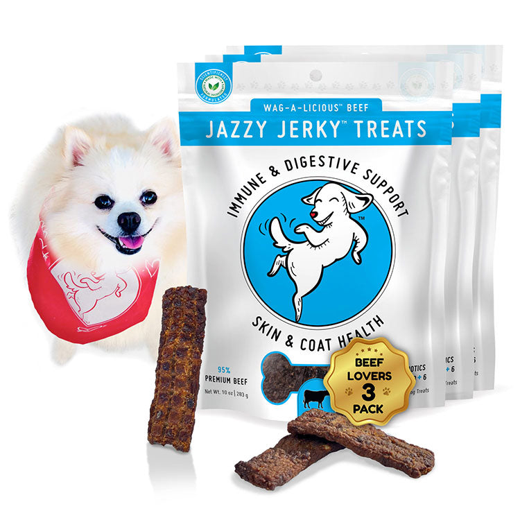 Jazzy Jerky® Treats, Wag-A-Licious Beef: 95% Beef, Prebiotics, Omega 3s & 6s
