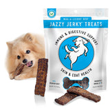 将图片加载到图库查看器，HappyTails Canine Wellness jazzy jerky wag-a-licious beef dog jerky treats natural premium beef prebiotics omegas high value dog training treats made in USA front bag